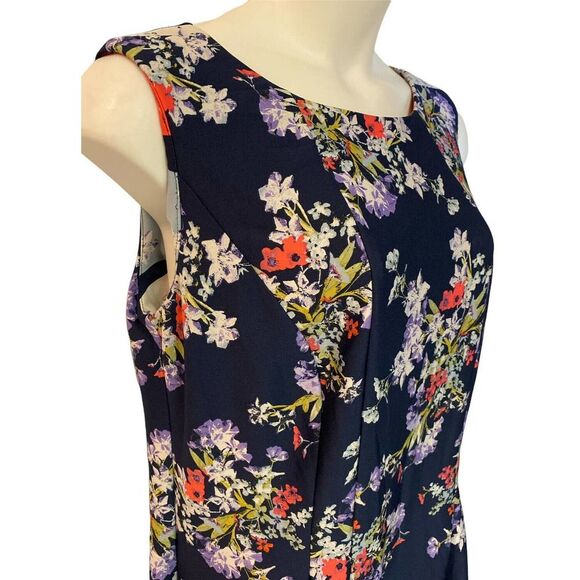 TAYLOR Pleated Pocket Floral Border Navy Coral Office Party Scuba Knit Dress - Picture 6 of 12